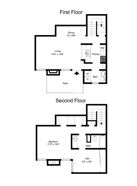 Floor plan for 1 bed, 1.5 baths, 942 sqft